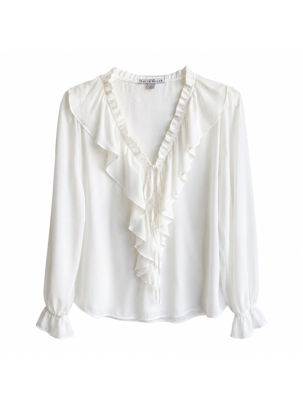 HauteMonde White Sheer Ruffle Blouse L Cottagecore Romantic Boho Victorian Fairy